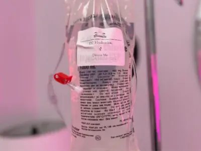 Close-up of an IV hydration bag